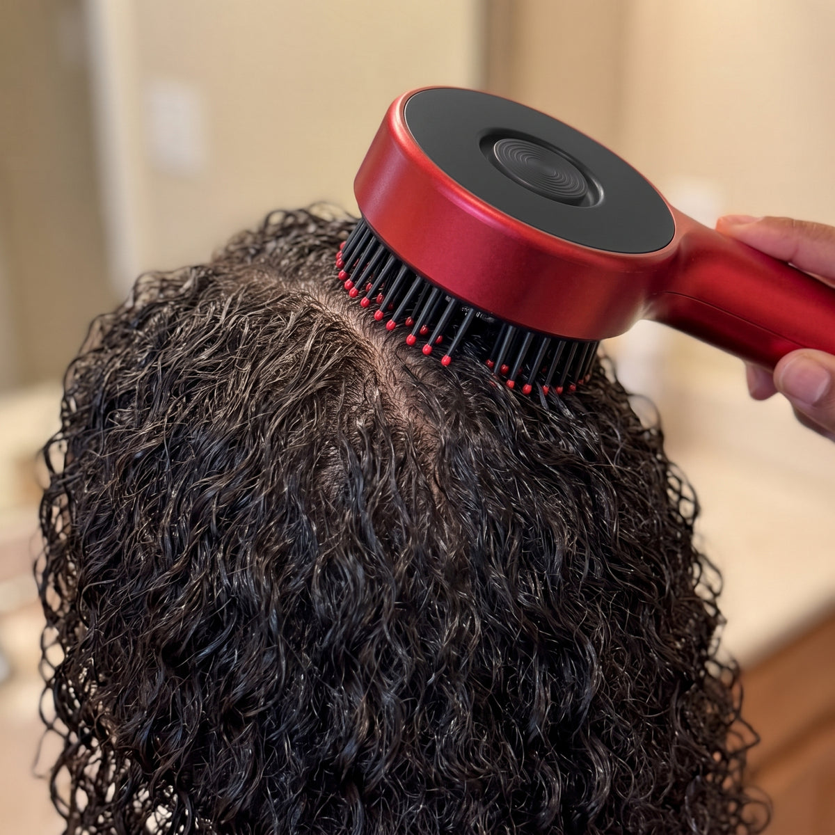 Red scalp massager resting on scalp