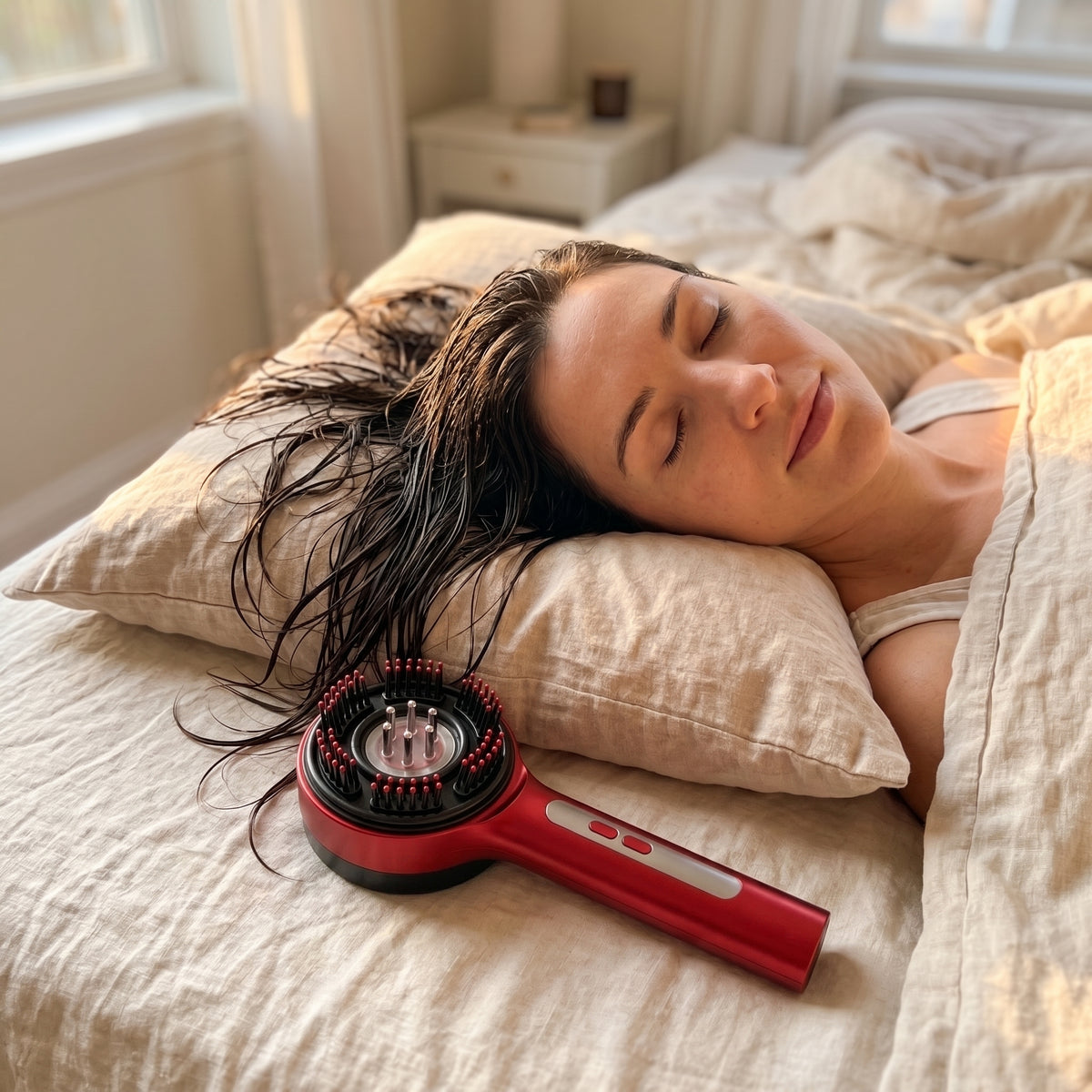 Woman lying peacefully on pillow